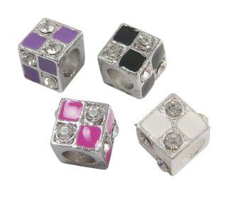Pack of Four Enamel Rhinestone Dice Shape Crystal Charm Beads. Fits Troll, Biagi, Zable, Chamilia, And Pandora Style Charm Bracelets.  