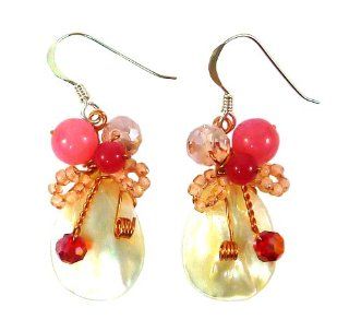 Bijoux De Ja Mother of Pearl & Pink Assorted Stone Handmade Drop Earrings Jewelry