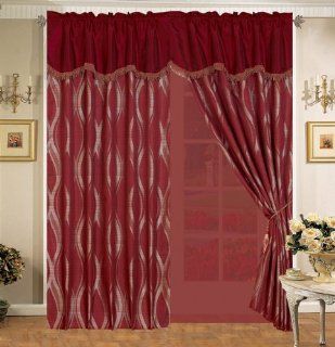 Burgundy Wave Curtain Set w/ Valance/Sheer/Tassels   Window Treatment Curtains
