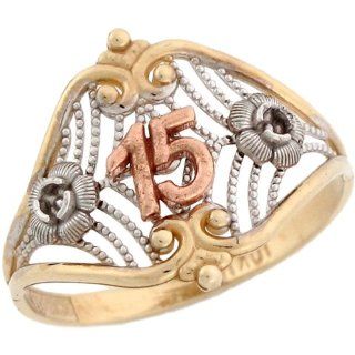 14k Multi tone Yellow White and Rose Gold 15 Anos and Flowers Ring Jewelry