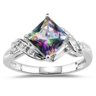 0.09 Cts Diamond & 2.06 Cts of 7 mm AA Princess Mystic Fire Topaz Ring in 14K White Gold Jewelry