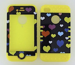 3 IN 1 HYBRID SILICONE COVER FOR APPLE IPHONE 4 4S HARD CASE SOFT YELLOW RUBBER SKIN HEARTS YE TP867 KOOL KASE ROCKER CELL PHONE ACCESSORY EXCLUSIVE BY MANDMWIRELESS Cell Phones & Accessories
