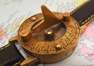 Sundial Compass Wrist Watch. Antiquated Brass & Genuine Leather Bracelet. Watches