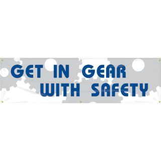 Accuform Signs MBR874 Reinforced Vinyl Motivational Safety Banner "GET IN GEAR WITH SAFETY" with Metal Grommets, 28" Width x 8' Length, Blue/Grey on White Industrial Warning Signs