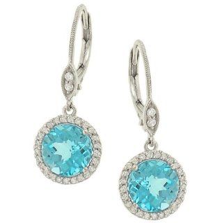 Meira T Halo Style Pave Diamond and Blue Topaz Dangle Earrings Jewelry