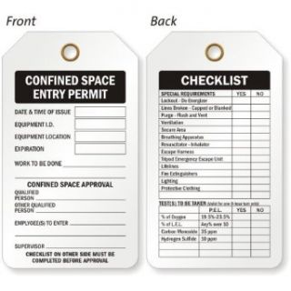 Confined Space Entry Permit / Checklist, Vinyl 15 mil Plastic, Eyelet, 10 Tags / Pack, 5.875" x 3.375" Clothing