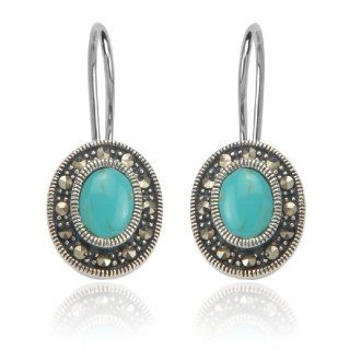 Sterling Silver Marcasite and Lab Created Turquoise Oval Wire Earrings Jewelry