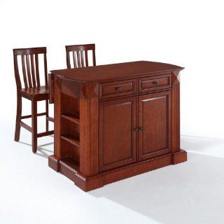 Crosley Furniture Drop Leaf Breakfast Bar Top Kitchen Island in Cherry Finish with 24 Inch Cherry School House Stools   Barstools
