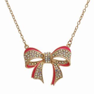 PammyJ Pink with Aurora Borealis Ribbon Pendant Necklace Jewelry