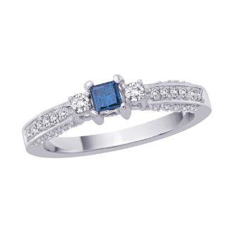 Three Stone Plus Diamond Engagement Ring with Princess Cut Blue Center Diamond in 14K White Gold (Color Blue GH, I1 Clarity, 1 cttw) Katarina Jewelry