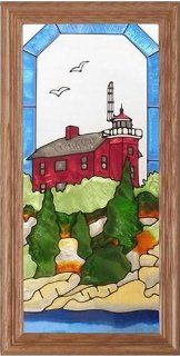 Marquette Harbor, Michigan LIGHTHOUSE Suncatcher Window 11x22 Glass Panel Framed   Stained Glass Window Panels