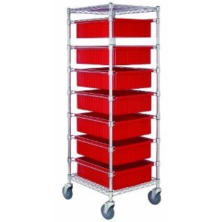 Quantum Storage Systems BC212469M1RD Wire Bin Cart with 7 DG93060 Red Bins, Chrome Finish, 69" Height x 24" Width x 21" Depth