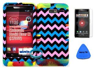 Hybrid Cover Bumper Case for Motorola Droid Razr M (XT907, 4G LTE, Verizon) Protector Baby Pink, Blue, Black Chevron Pattern Snap on + Rainbow Silicone (Included Wristband, Screen Protector and Pry Tool By Wirelessfones) Cell Phones & Accessories