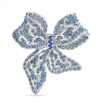 Bling Jewelry Blue Topaz Color Crystal Vintage Bow Brooch Ribbon Pin Jewelry