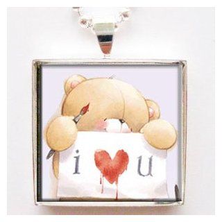 Cute I Love You Teddy Bears Glass Tile Pendant Necklace with Chain Jewelry