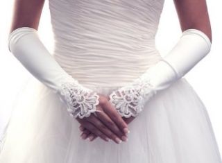 USABride Pearl Beaded Lace Below Elbow White Satin Fingerless Bridal Gloves 908S WH Clothing