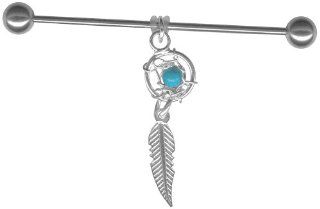 *Industrial Barbell 14 gauge Tiny Turquoise Dream Catcher Dangle Stainless Steel Industrial Bar 14g 1.5 in. (38mm) Jewelry
