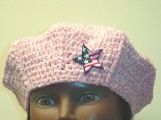 B42, Hand Crocheted Pink Chenille and Gimp Tweed Parade Beret with Star American Flag for Men Women and Teens