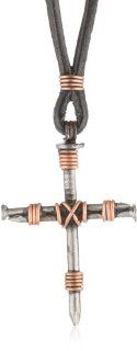 Bob Siemon Stainless Steel Nail and Copper Wire Cross Pendant on Leather Cord, 30" Jewelry
