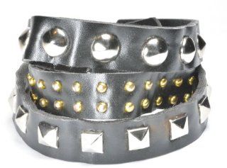 Punk Rock Triple Wrap Black Leather Adjustable Snap Bracelet Silvertone Spikes Studs Bronze Accents 108 Jewelry