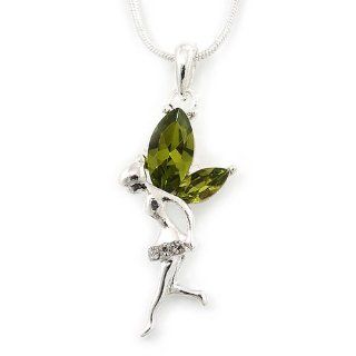 Delicate Peridot Coloured CZ 'Fairy' Pendant Necklace In Rhodium Plating   42cm Length/ 5cm Extension   August Birth Stone Jewelry