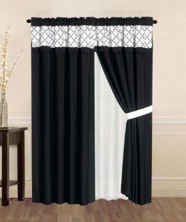 Luxury Embroidered Curtain Set. 4 Piece Black White Drapes with Backing & Valance & Tie Backs   Window Treatment Panels