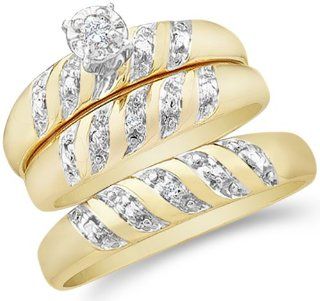 14k Yellow and White 2 Two Tone Gold Mens and Ladies Couple His & Hers Trio 3 Three Ring Bridal Matching Engagement Wedding Ring Band Set   Round Diamonds   Solitaire Center Setting (.07 cttw) Jewelry