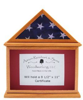 Solid African Mahogany, 3x5 Flag Display Case w/ Certificate Holder, W/base and Divider, Natural w/ Red Mat   for a Folded Flag That Measures Around 14" Along the Bottom Edge   Display Stands