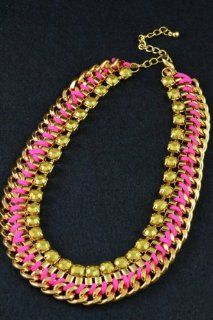 Necklace Braided Studded Fashion Woman Statement Chain Necklace Gold&fushia Bkn921 Jewelry