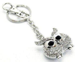 Fun Round Owl Locket with Ice Crystals Key Chain Charm with Large Clip Jewelry
