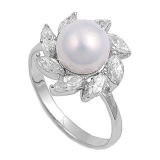 Fire Flower Pearl CZ Ring 16MM Sterling Silver 925 Jewelry