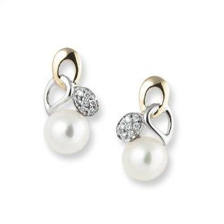 18k Gold, Freshwater Pearl Earrings, 7.5 7.0mm, "A" Quality w/ Diamonds Mikura Pearls Jewelry