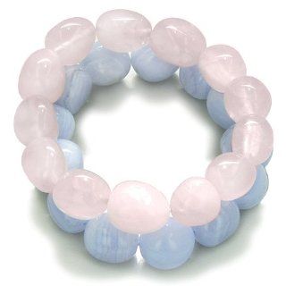 Amulet Double Lucky Set Rose Quartz and Blue Lace Agate Tumbled Crystals Good Luck, Love Powers Lucky Gemstone Bracelets Best Amulets Jewelry