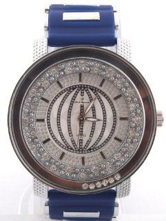 Blue with Silver Iced Out Globe Style Watch Floating Stones a Rubber Bullet Band Watches