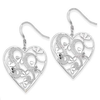 Sterling Silver Polished and Textured Heart Dangle Earrings Jewelry