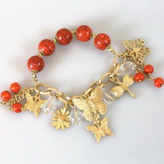 Accessory Accomplice Goldtone Butterfly Charm Coral Bead Stretch Bracelet Jewelry