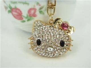 SweetSmile Hello Kitty Cat Head Keyring Cute Swarovski Crystal Charm Pendant KeyChain+ Gift Box