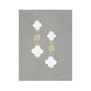 Designer Inspired Gold & White Clover Dangle Earrings with Rhinestones. 2" L Chain Necklaces Jewelry