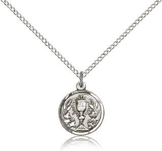 .925 Sterling Silver Communion Chalice Medal Pendant 1/2 x 1/2 Inches  4203  Comes with a .925 Sterling Silver Lite Curb Chain Neckace And a Black velvet Box Pendant Necklaces Jewelry