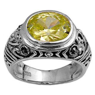 Sterling Silver Yellow Green Colored CZ Marcasite Ring Rhodium Finish Solid 925 Italy 13mm Size 6 Jewelry