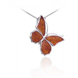 Timeless Amber, Carved Honey Butterfly Pendant, .925 Sterling Silver Baltic Amber Butterfly Pendant Necklace Jewelry