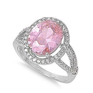 Floating Oval Center Pink CZ Ring 16MM Sterling Silver 925 Jewelry