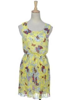 Anna Kaci S/M Fit Yellow Chiffon Butterfly Floral Pattern Short Pleated Dress