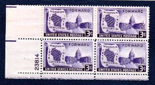 Postage Stamps United States. Plate Block #23814 of Four 3 Cents Dark Violet, Map on Scroll & State Capitol, Wisconsin Stamps Dated 1948, Scott #957. 
