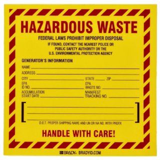 Brady 60448 6" Height, 6" Width, B 933 Vinyl, Red And Black On Yellow Color Hazardous Waste Label (Pack Of 100) Industrial Warning Signs
