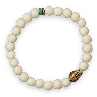 Mens Buddha Charm Stretch Bracelet White Wood Beads Jewelry