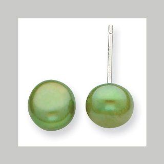 Sterling Silver 6.5 7mm Freshwater Cultured Button Pearl Green Earrings. Dangle Earrings Jewelry
