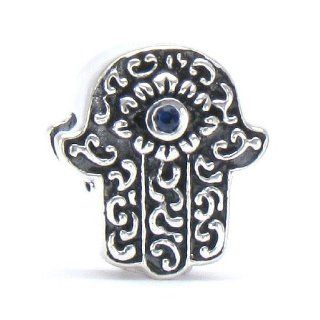 Bella Fascini Hand Of Hamsa / Fatima with Blue CZ Eye   Sign Of Protection, Luck & Prosperity   Also Known as Hand of Miriam or Hand of Mary   Cole Collection   Solid 925 Sterling Silver European Charm Bracelet Bead   Compatible Brands Authentic Pando