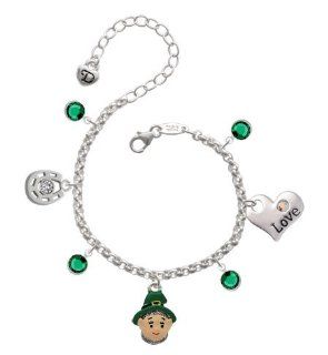 Small Leprechaun with Hat Love & Luck Charm Bracelet with Emerald Swarovski C Link Charm Bracelets Jewelry