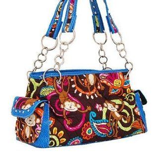 MONKEY AND PAISLEY PRINT QUILTED SHOULDER BAG WITH RHINESTONE & STUDS PURSE TURQUOISE Clothing